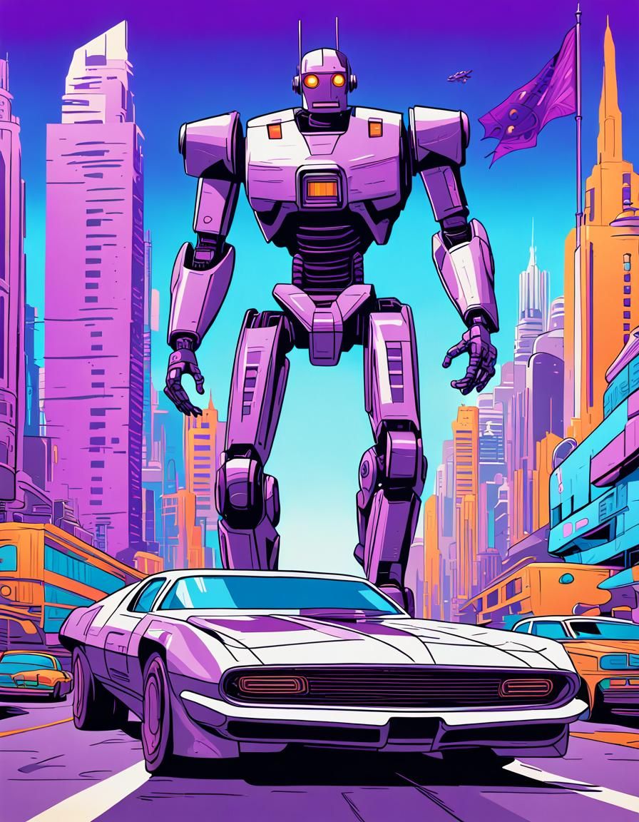 Giant Robot Runs in Futuristic City, Pop Art Style