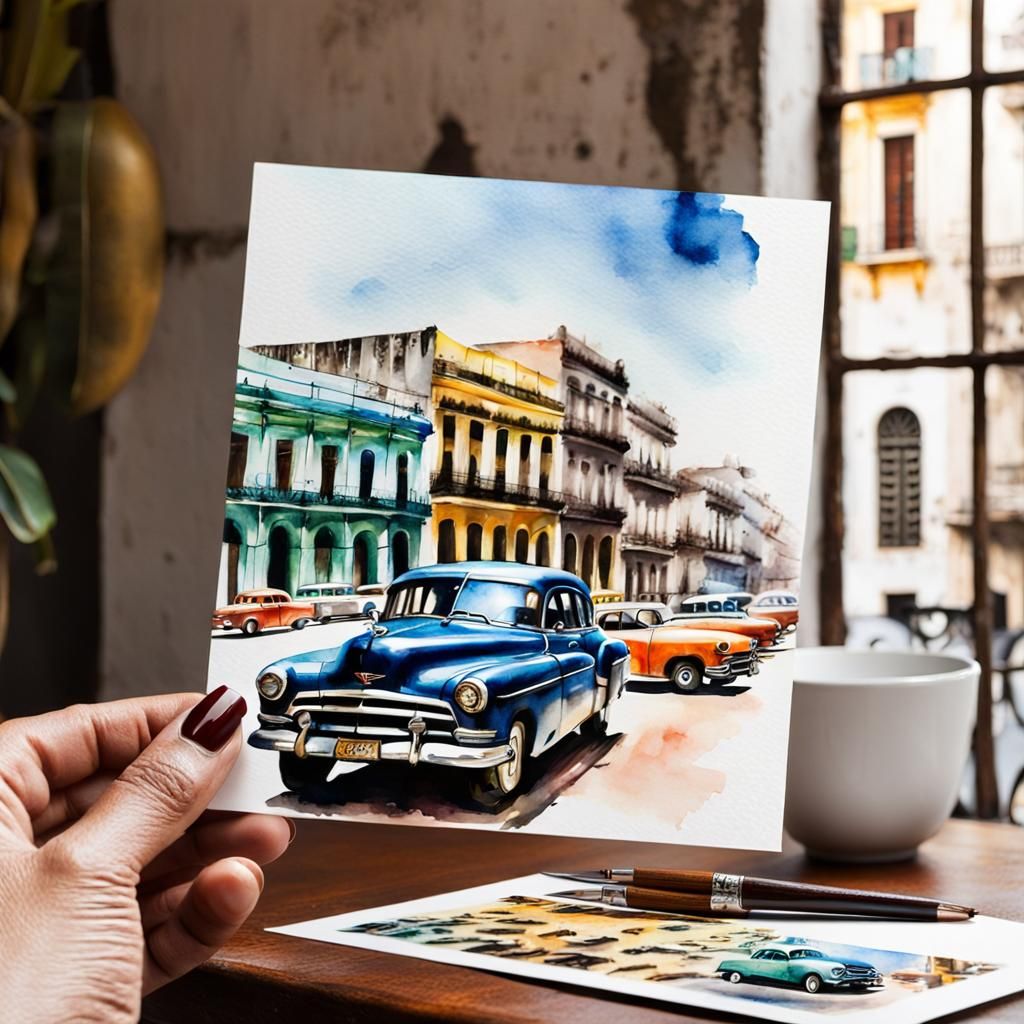 Havana Street Scene: Watercolor Postcard of Cuba