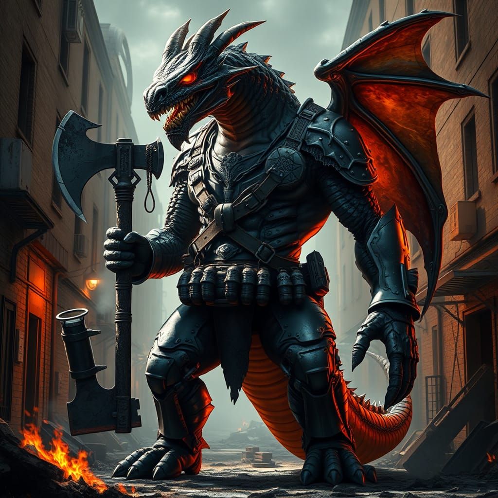 Armored Humanoid Dragon in Smoldering Warzone