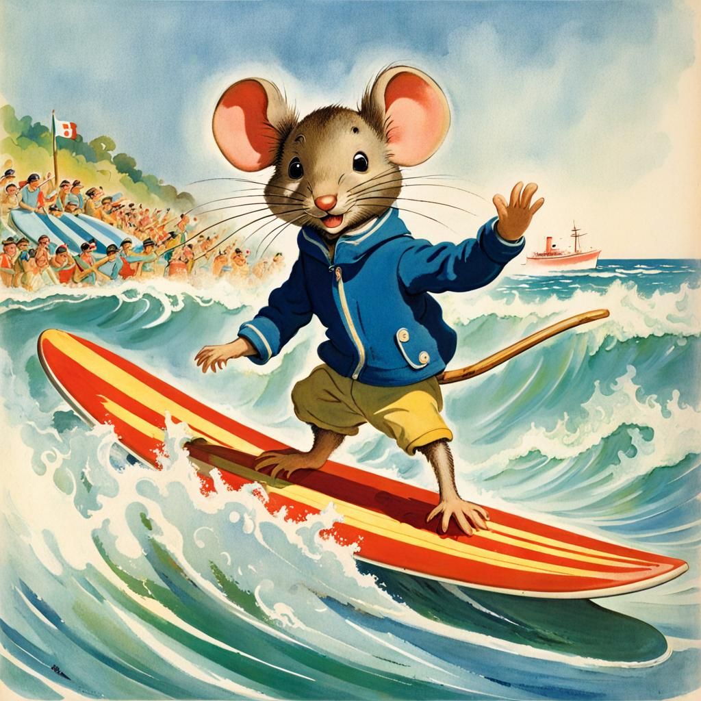 Mouse Wins Surfing Contest: Children's Book Illustration