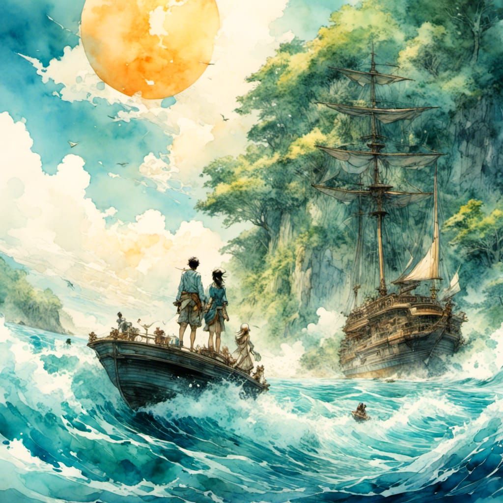 Sailboat Race on Turquoise Sea, Watercolor Style