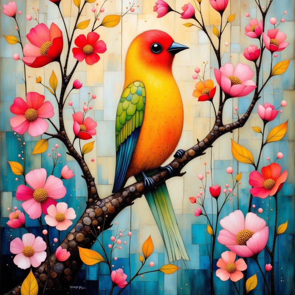 Bird in Blossoms, Pop Surrealist Style
