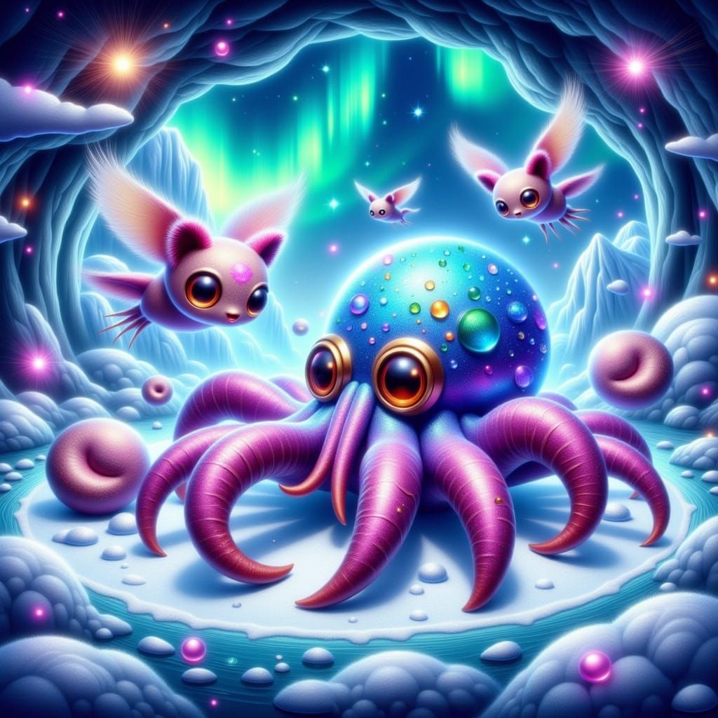 Surreal Whimsical Winter Wonderland with Spider-Octopi and A...