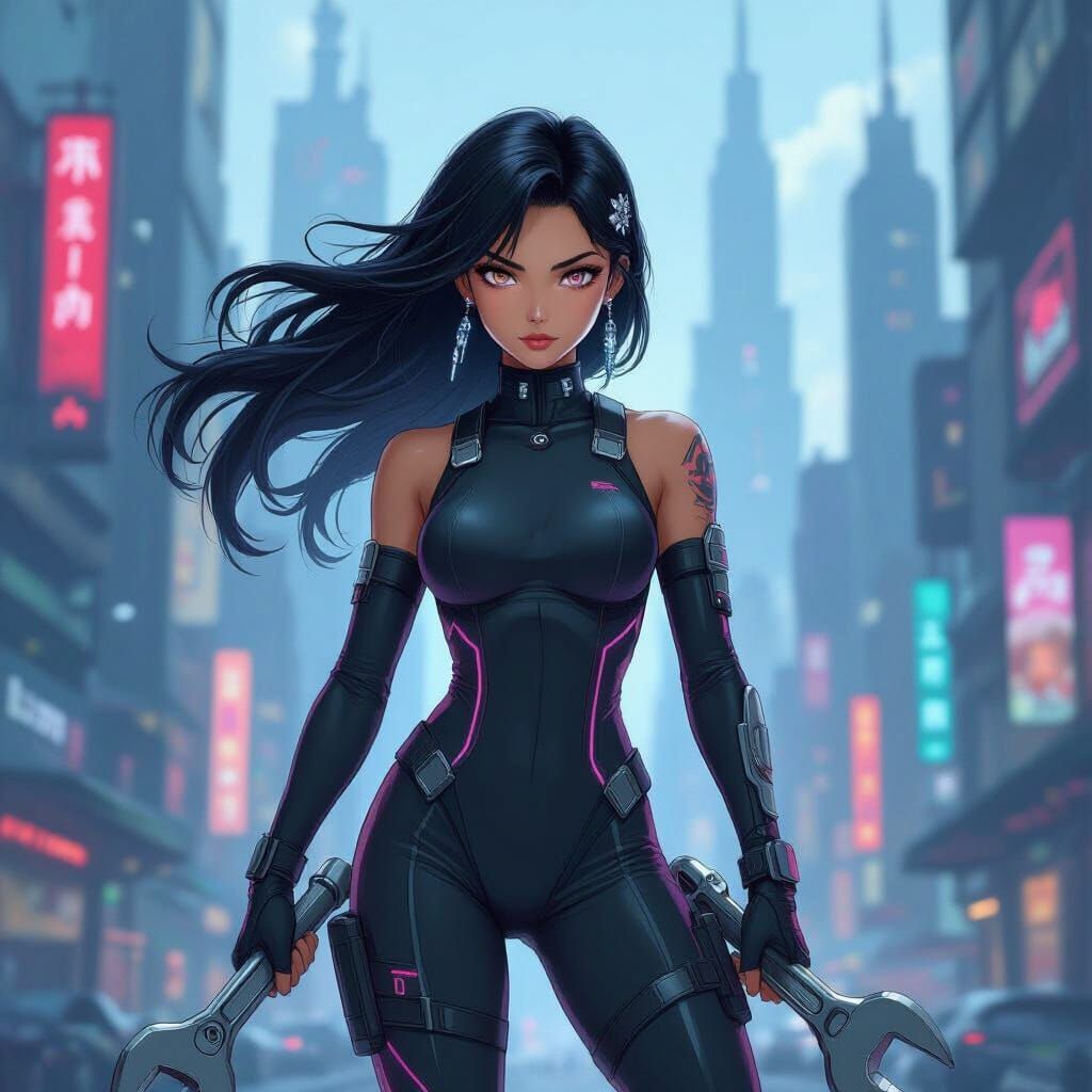 Cyberpunk Anime Mechanic in Neon Cityscape