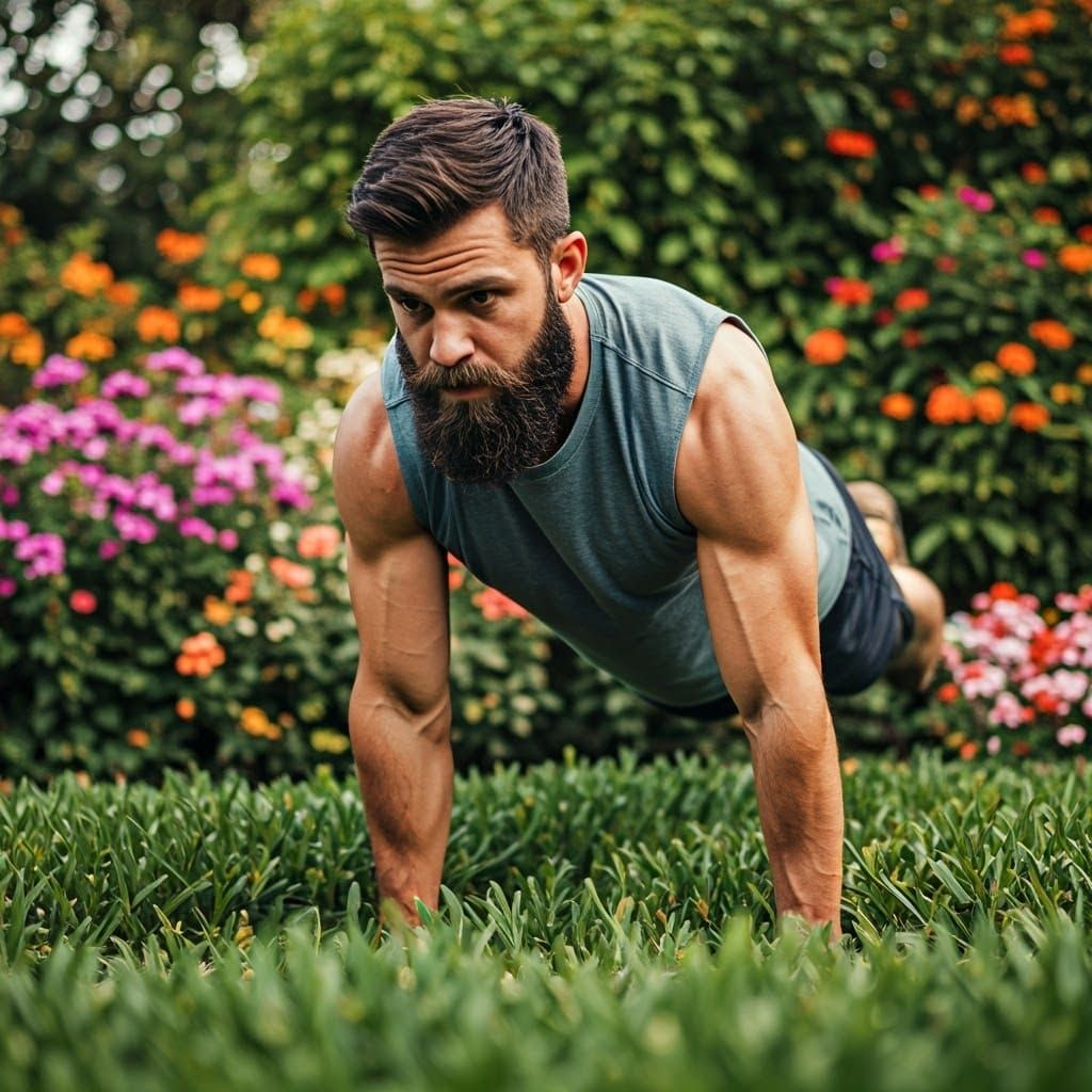 Athletic Bearded Man in Lush Garden Setting