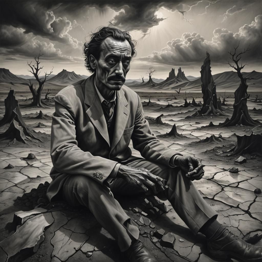 Surreal Charcoal Figure in Dreamlike Landscape