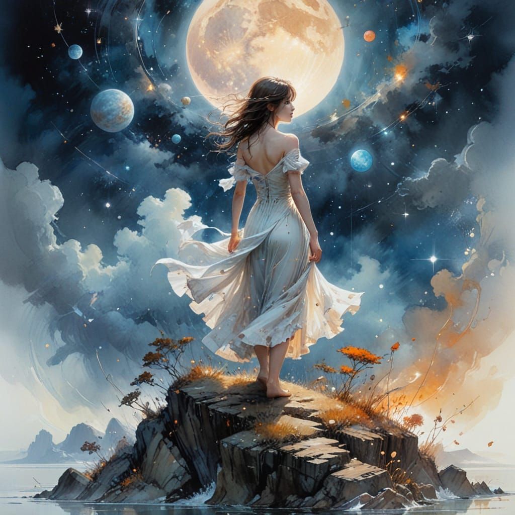 Surreal Celestial Landscape in Watercolor Art Style