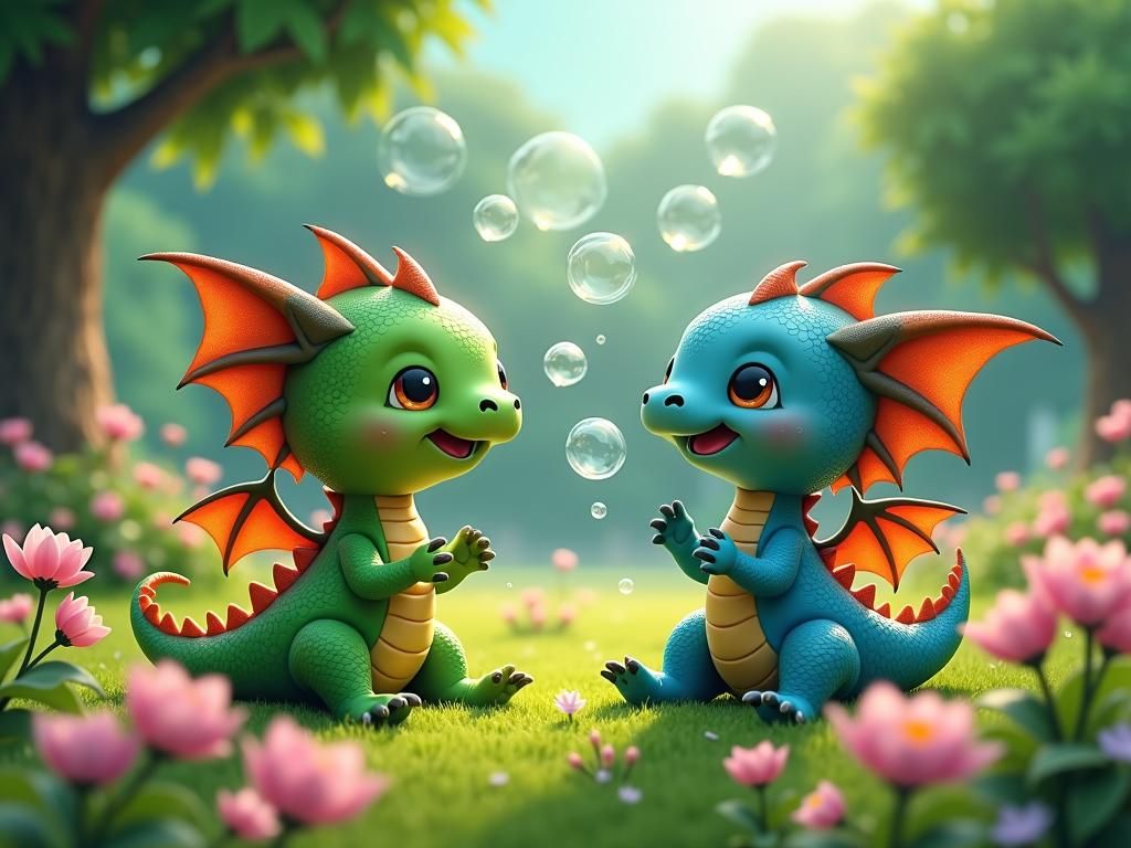 Chibi Dragons Blowing Bubbles in Ghibli-esque Meadow