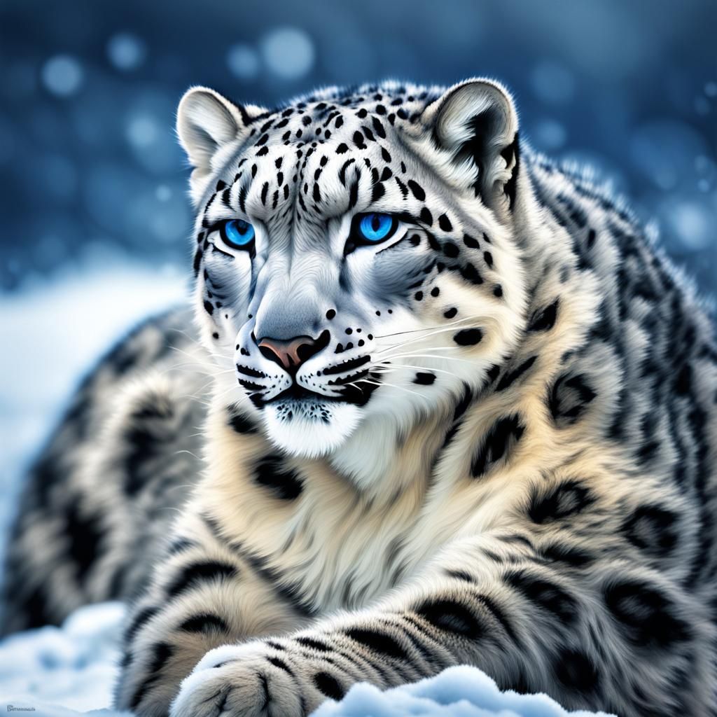 Snow Leopard with Blue Eyes on Snowy Mound