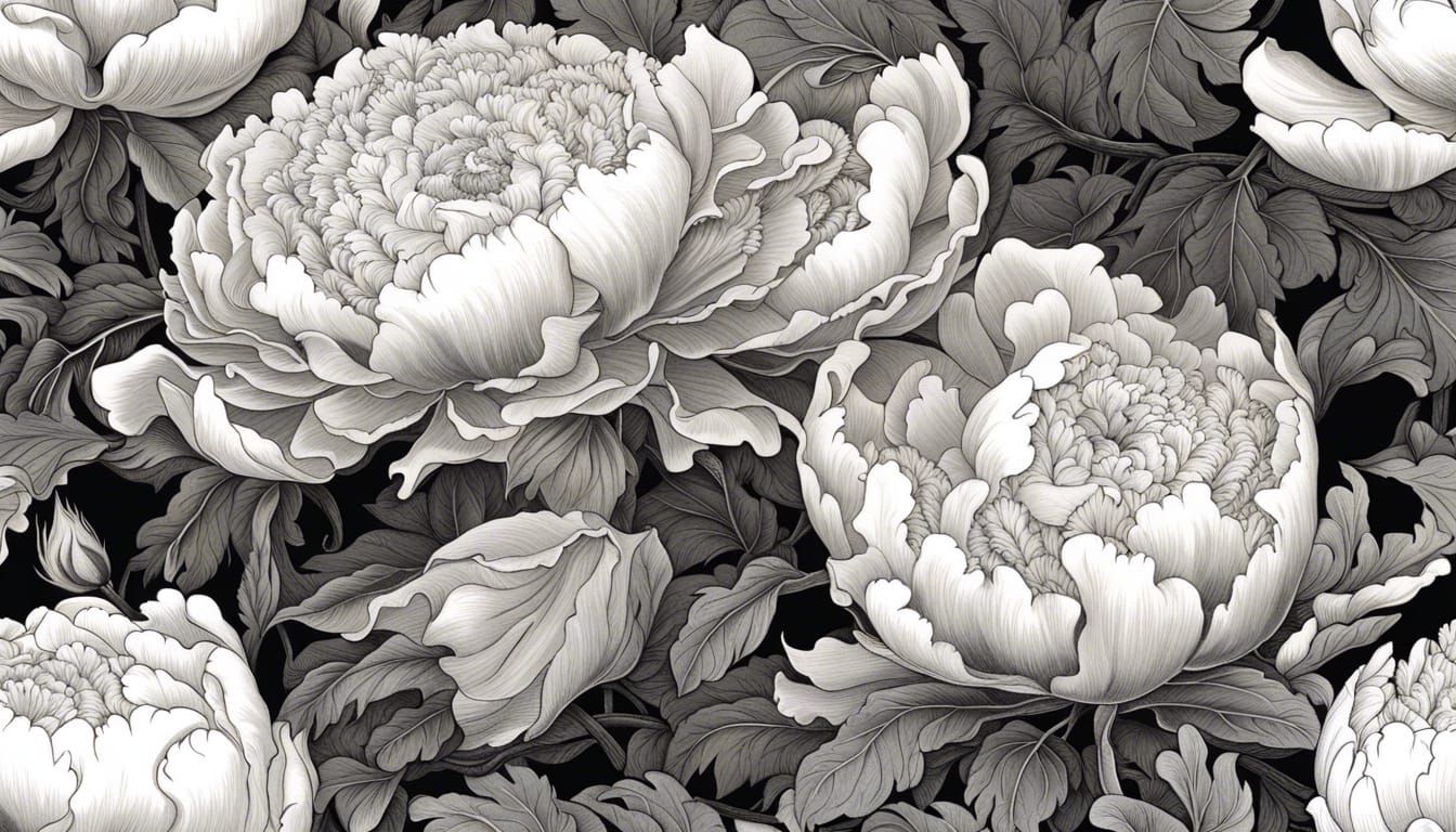 Intricate Ink Illustration of Winter Peonies in Monochrome