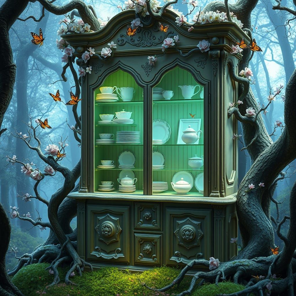 Surreal Fantasy China Cabinet Blooms in Glowing Bioluminesce...