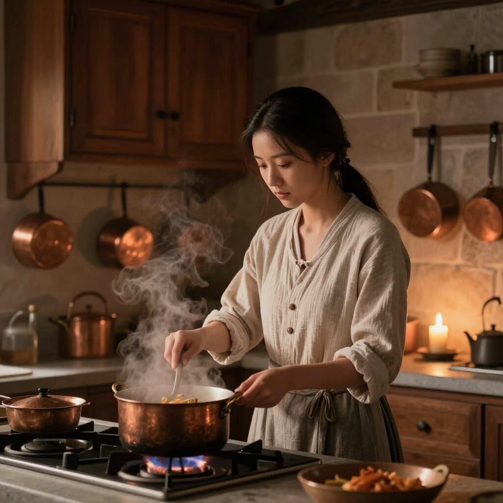 Woman Cooking in Historic Mansion Kitchen