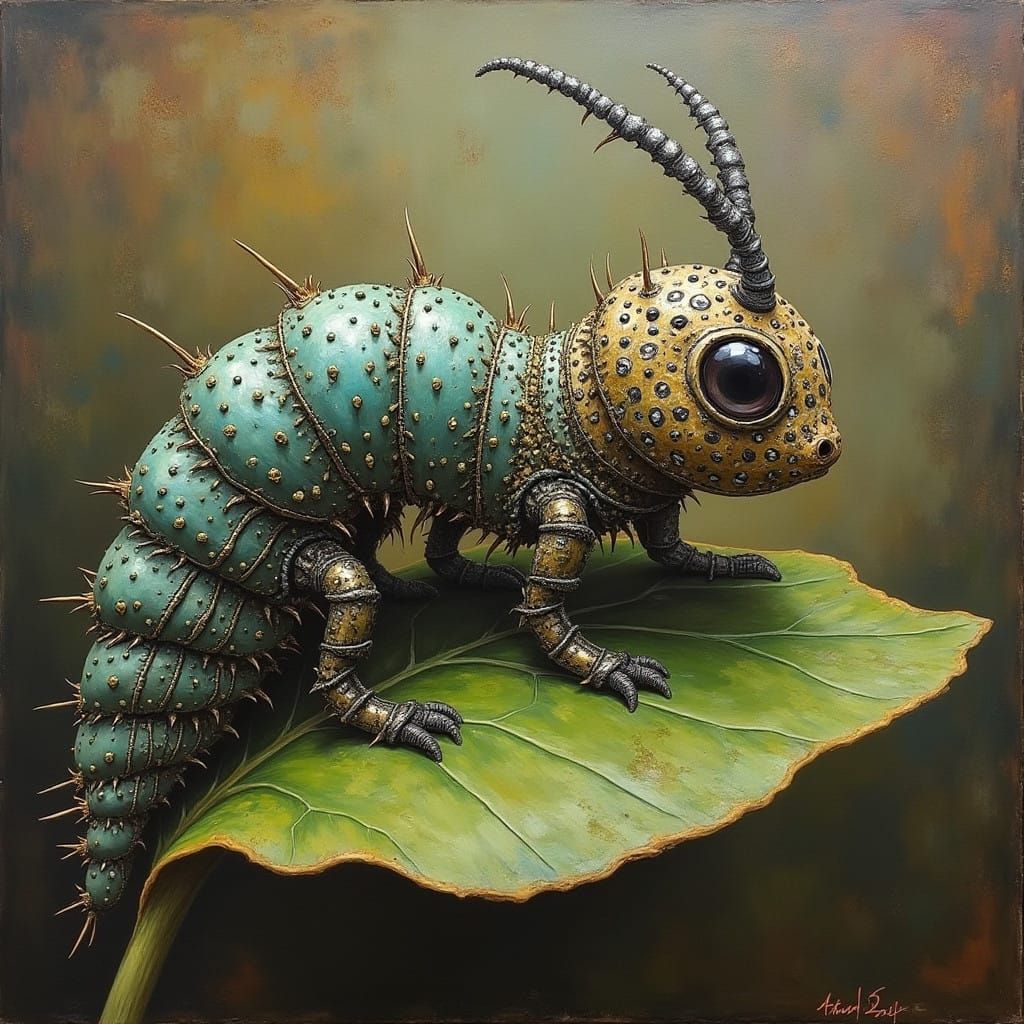 Intricately Detailed Metal Caterpillar on Leaf in Muted Colo...