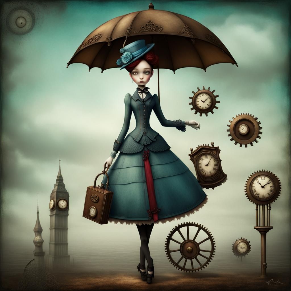 Steampunk Mary Poppins with Victorian Umbrella