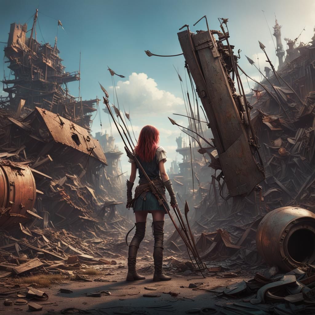 dystopian junkyard with a girl armed with a bow and quiver of arrows peeking behind a large piece of junk