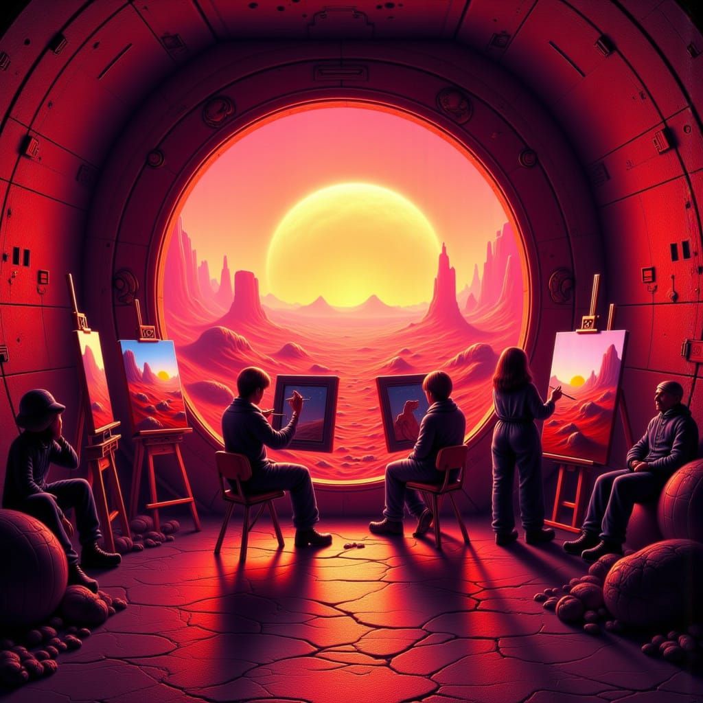 Artists Paint Mars Landscape from Colony Window