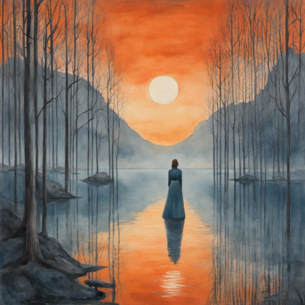 Woman in Silent Lake: Ethereal Watercolor