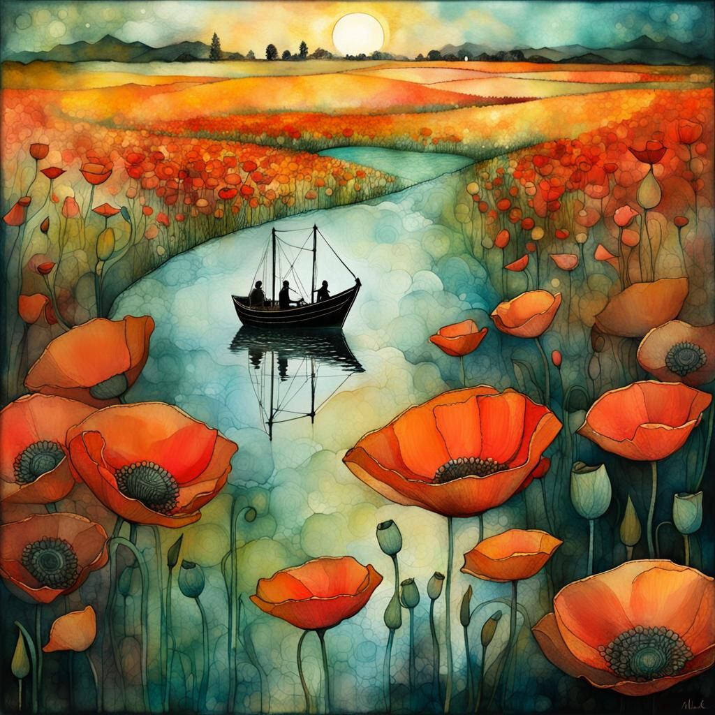 Poppy Field Boat: Watercolor Digital Illustration