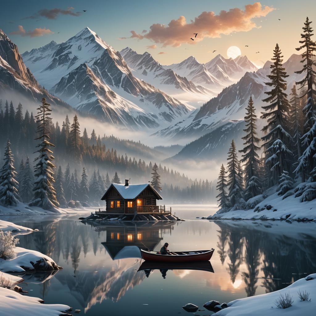 Serene Winter Cabin on Lake with Snow Mountains