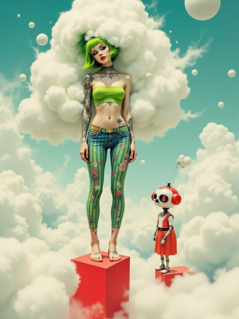 Woman with Neon Hair and Robot Companion Above Clouds