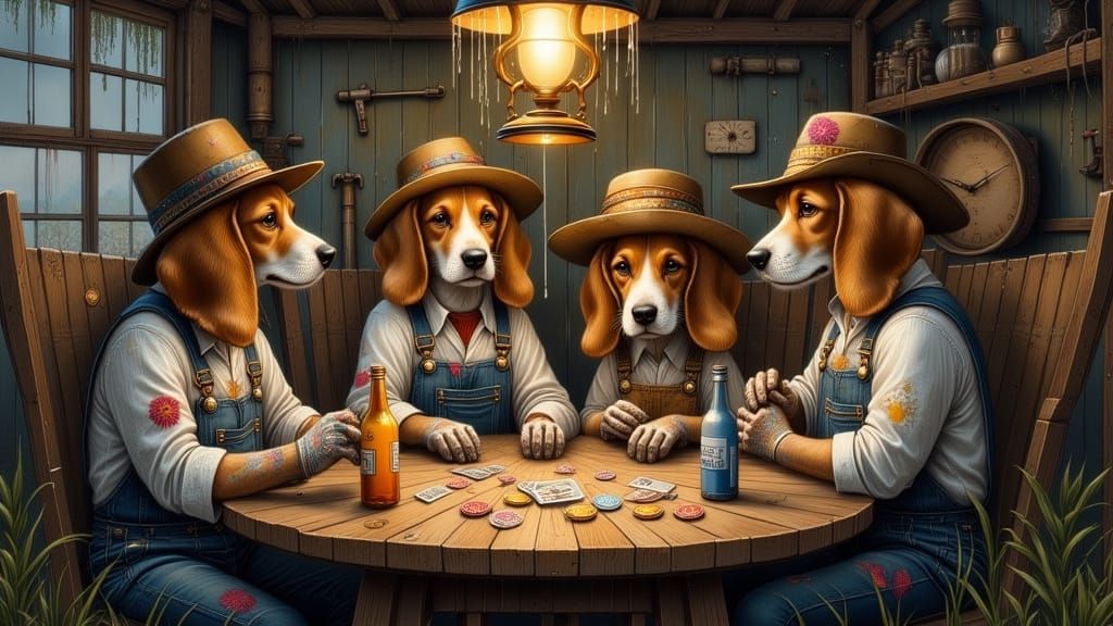 Whimsical Hillbilly Beagles Play Poker in Barn