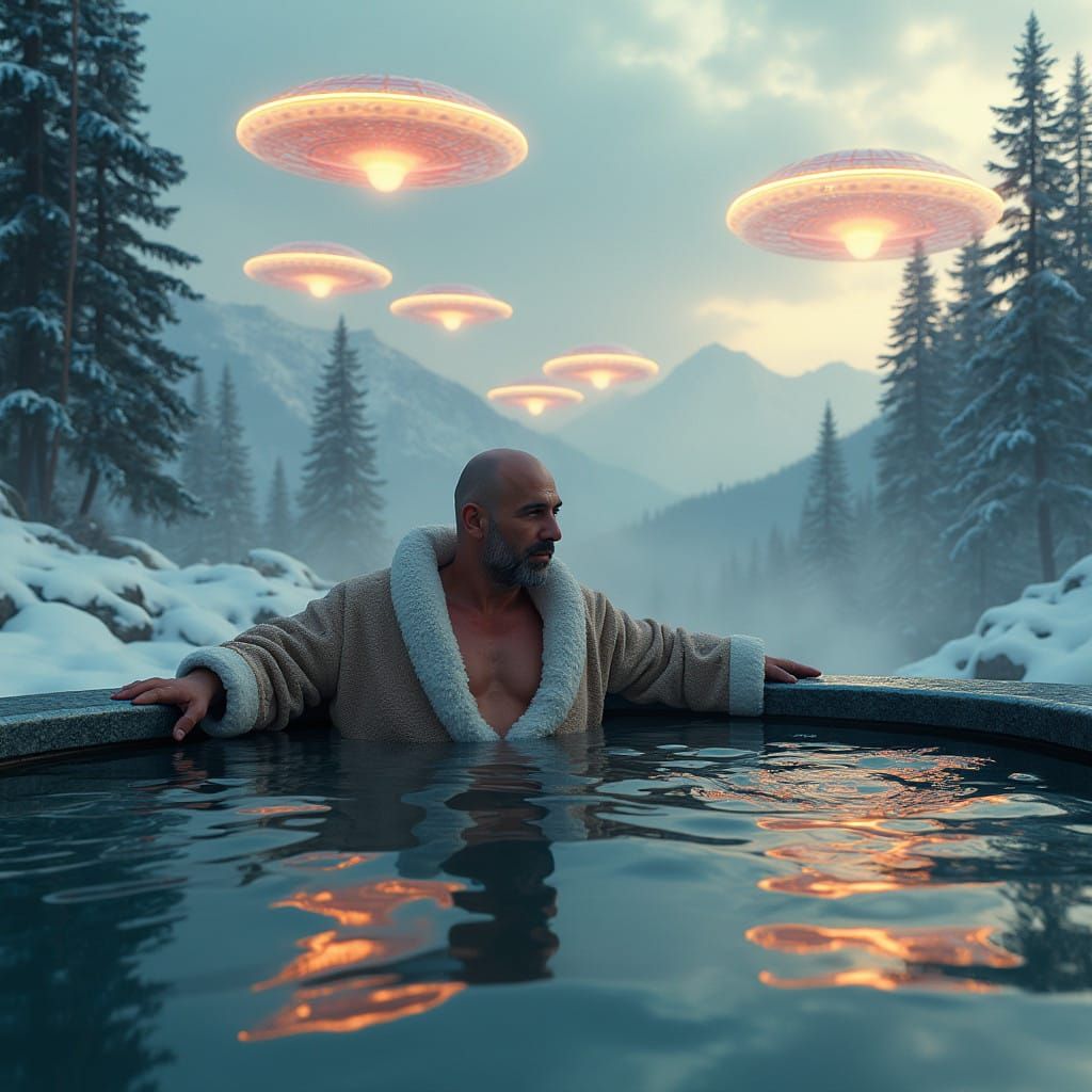 Bald Man Contemplates Glowing Flying Saucers in Snowy Oasis