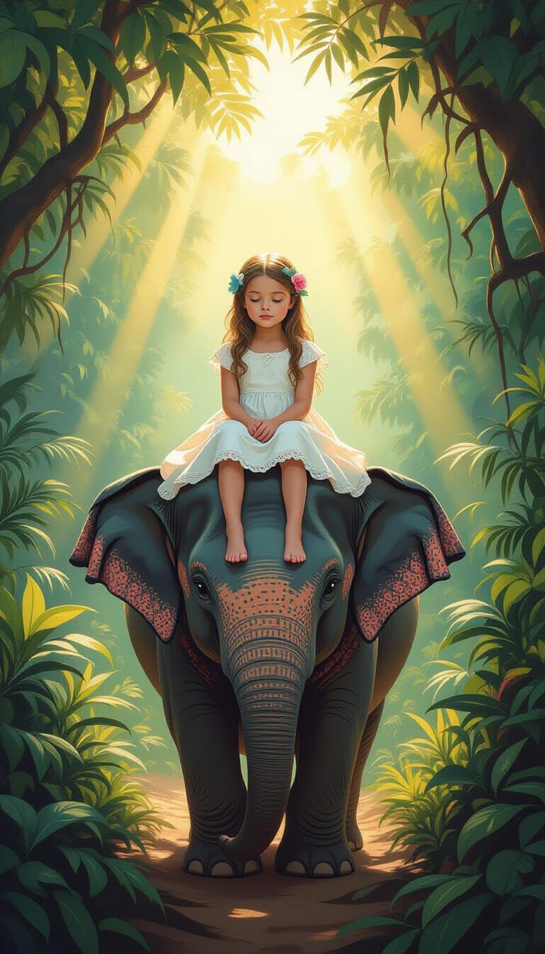 Girl on Elephant Head in Jungle, Polychromatic Style