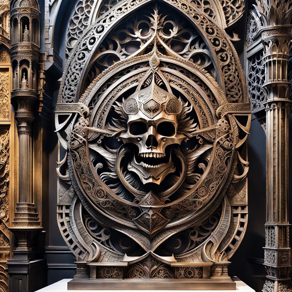Intricate Metal Skull Sculpture in Moody Watercolor Style
