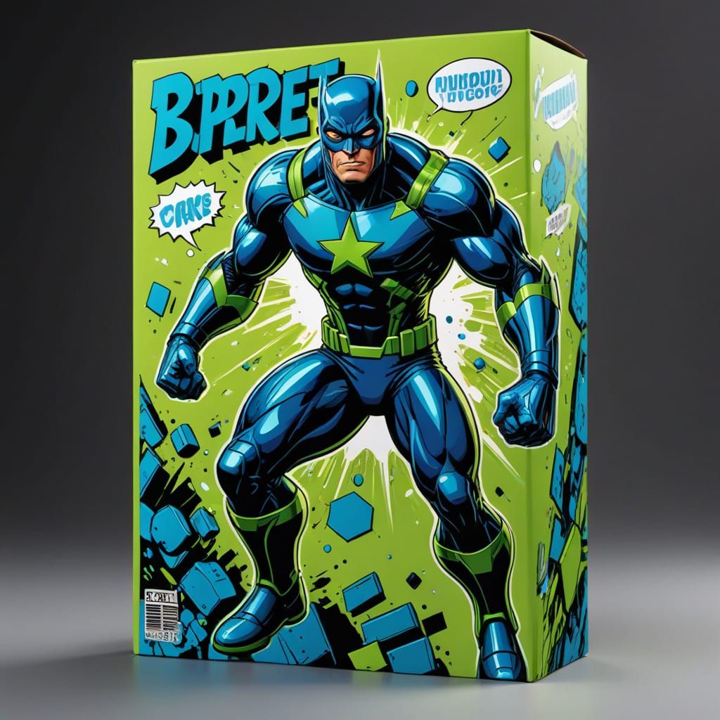 Comic Book Style Action Figure Packaging in Neon Green and B...