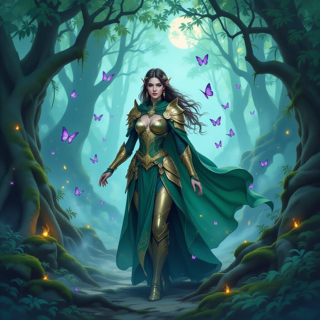 Elven Warrior in Mystical Twilight Forest