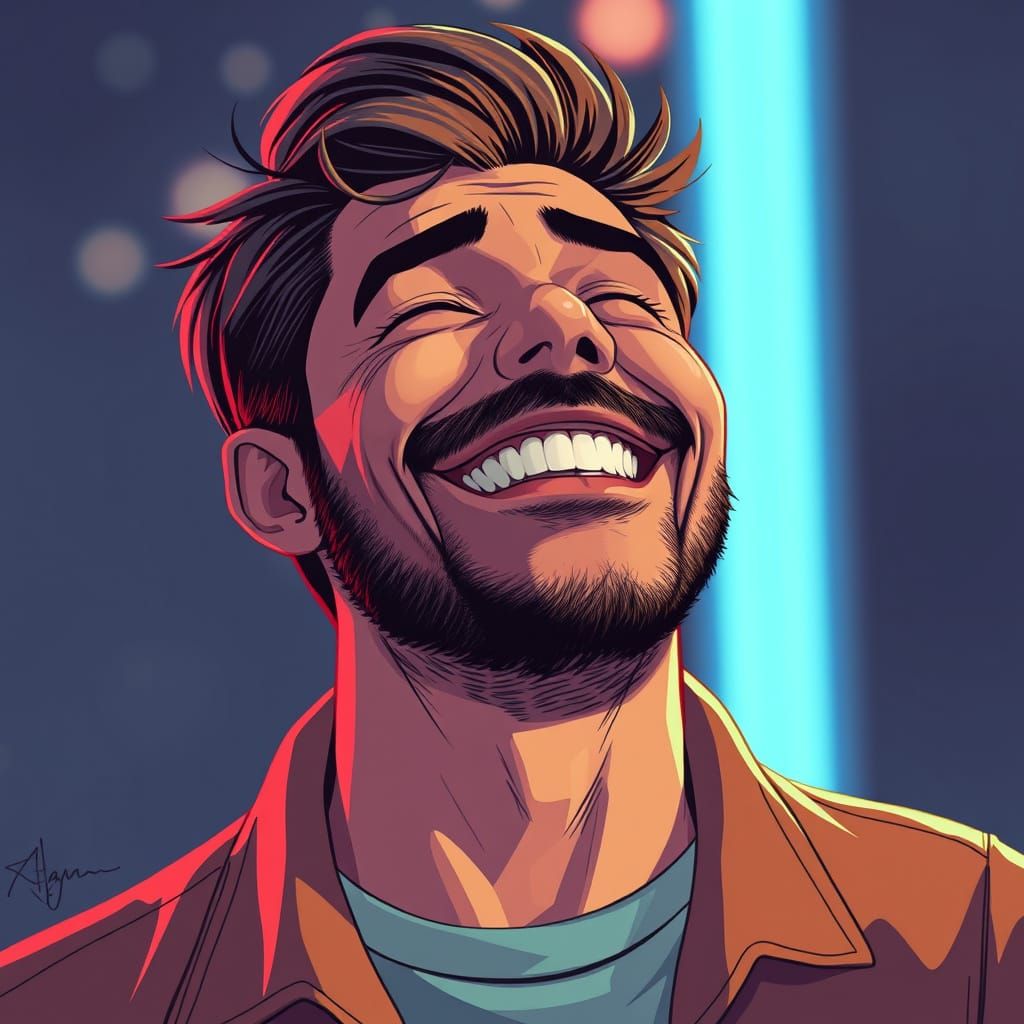 Joyful Man's Satisfied Smile: Hybrid Art Style