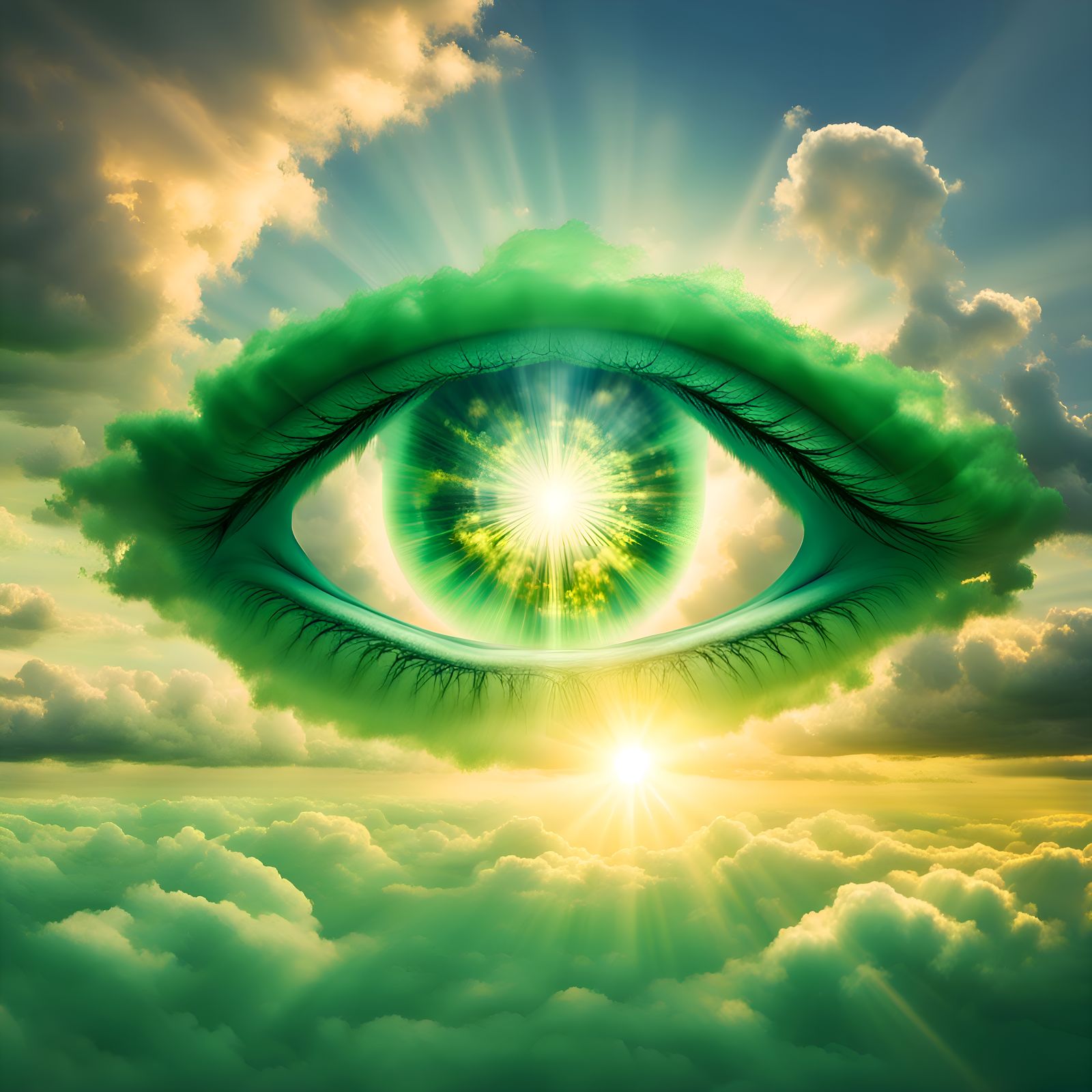 Green Mythical Eye Floating in Sunset Sky