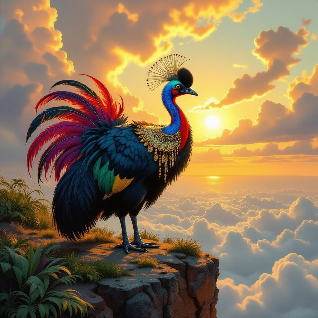 Cassowary on Windswept Cliff in Dark Fantasy Style