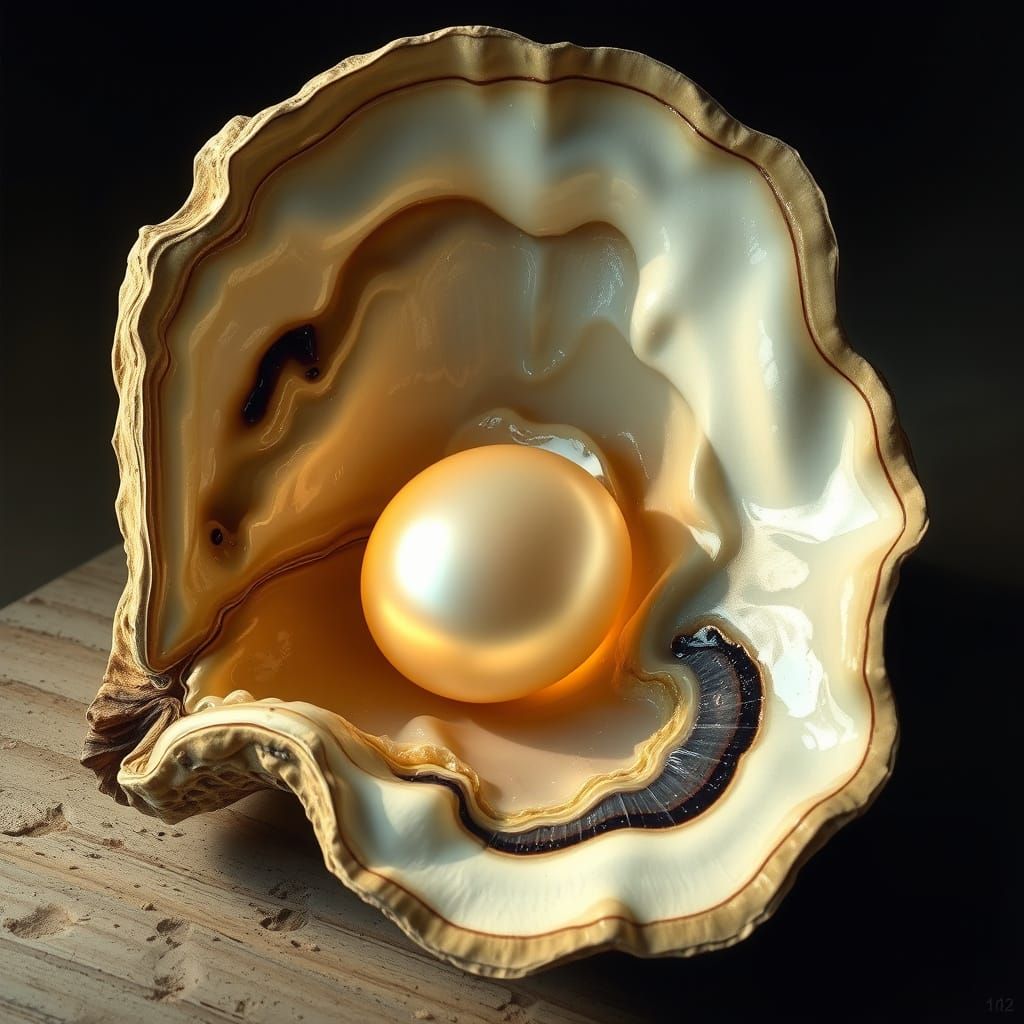 Luminous Pearl in Detailed Oyster Shell, Hyperrealistic