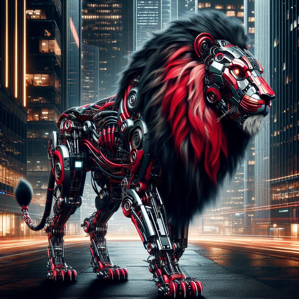 Cyberpunk Robot Lion in Neon Cityscape