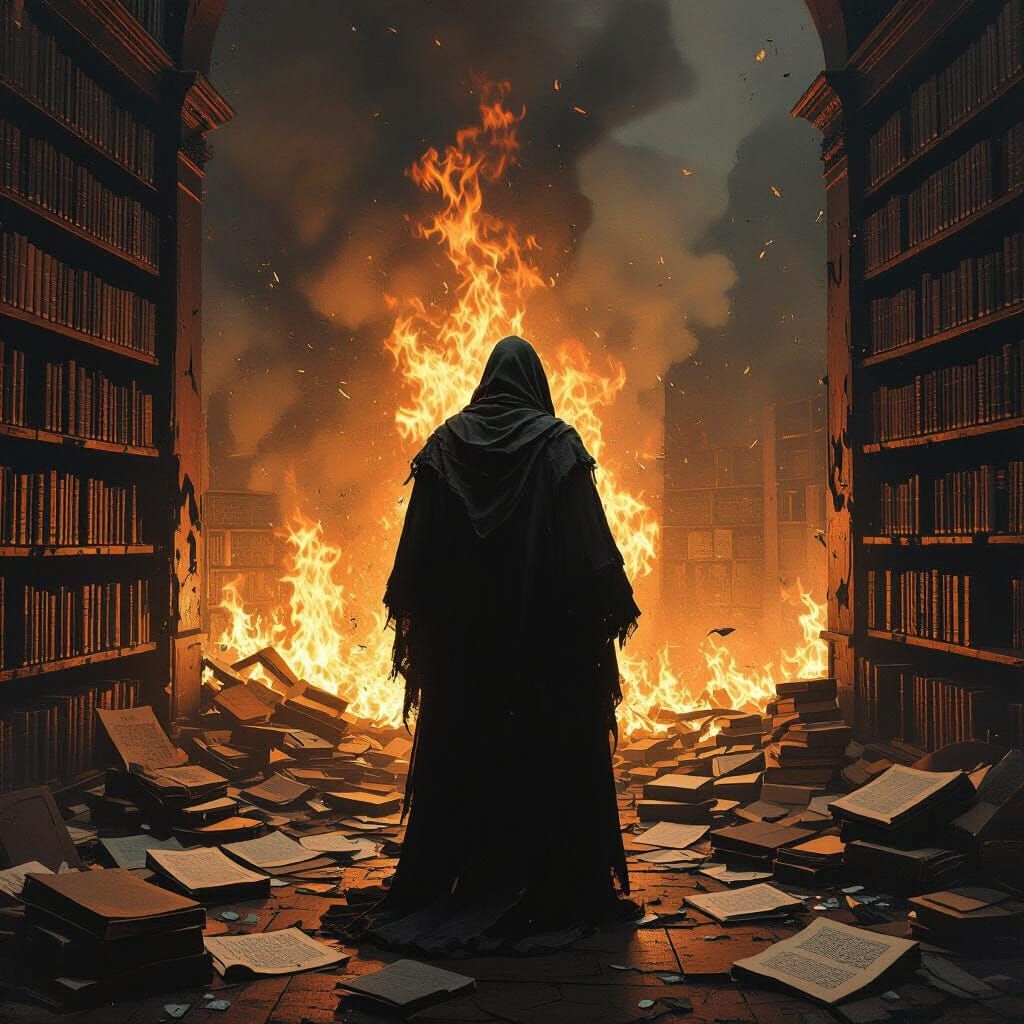 Burning Library: Dark Silhouette in a Surreal Inferno