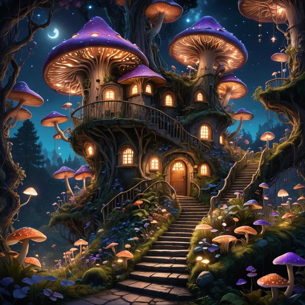 Mushroom House in Bioluminescent Forest, Fantasy Concept Art