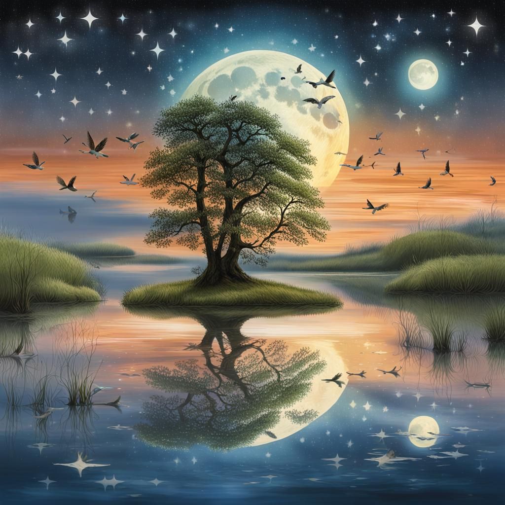 Dreamy Lakeside Scene with Fairy and Druid