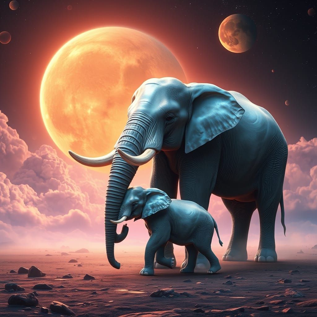 Majestic Venusian Elephants in Dreamlike Cosmic Landscape