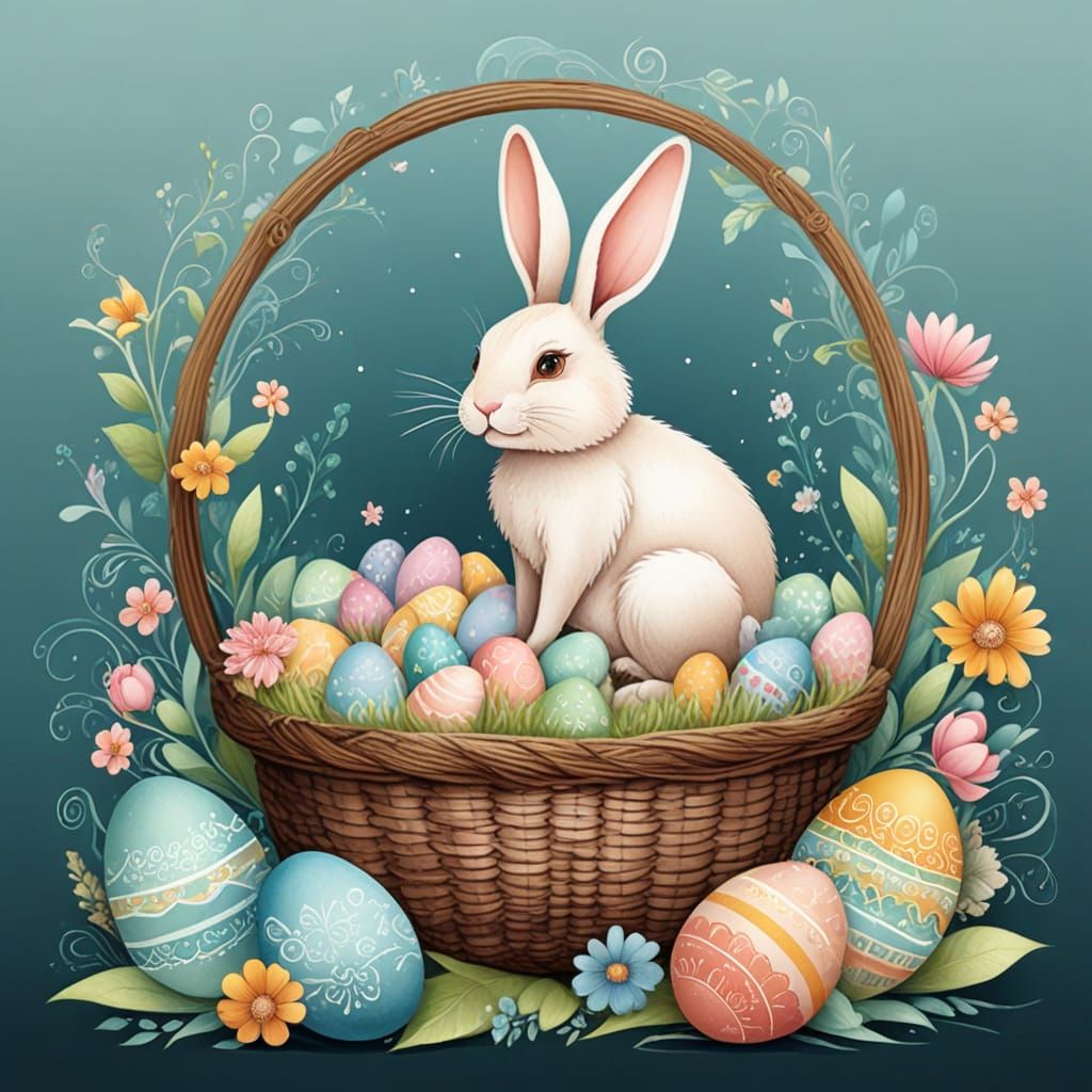 watercolor clipart of an Easter Bunny Sitting on Colorful Eg...