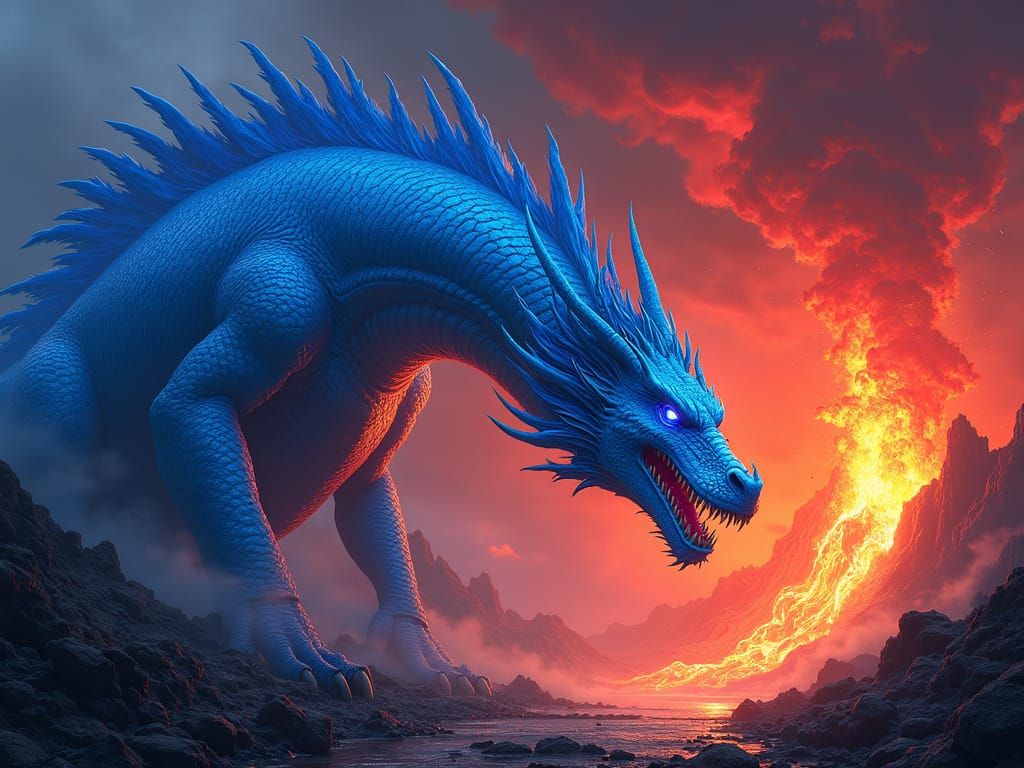 full view of a massive Blue Dragon on the side of an erupting volcano. The incandescent blue scales of the dragon shine ...