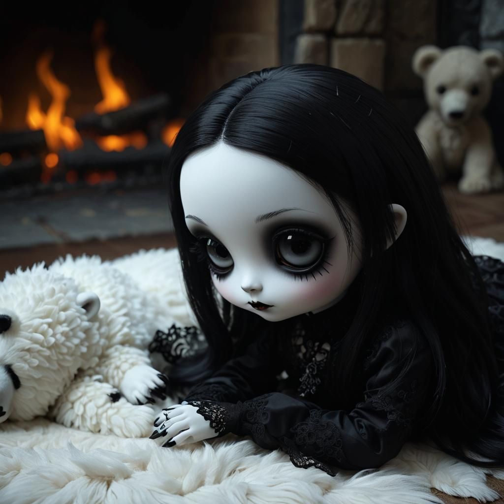 Gothic Chibie Doll Lies on Polar Bear Skin in a Dark, Cinema...