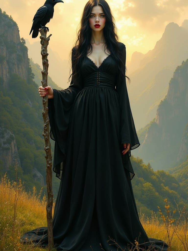 Enchantress in Majestic Mountain Landscape