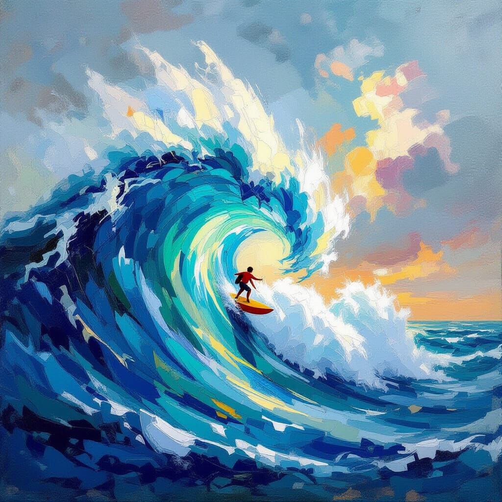 Bikini Bottom Character Rides Giant Wave in Oil Painting