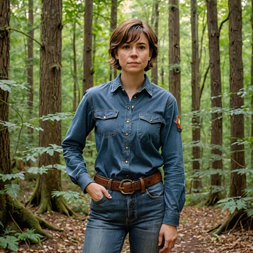 Woman in Blue Shirt in Forest Photo