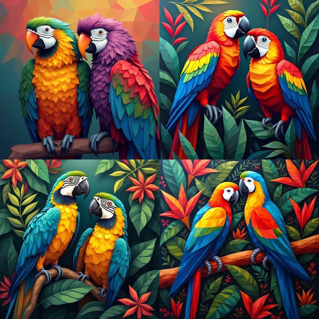 Cubist Tropical Parrots in Art Deco Style