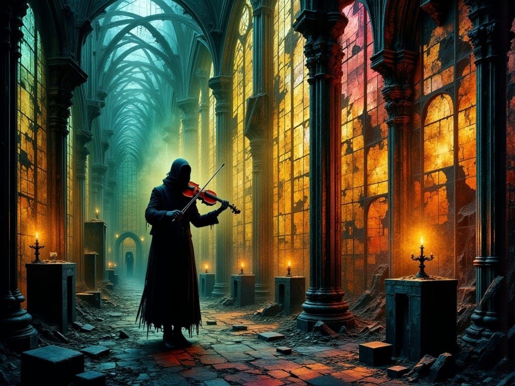 Blindfolded Violinist in Crumbling Cathedral: Surreal Perfor...