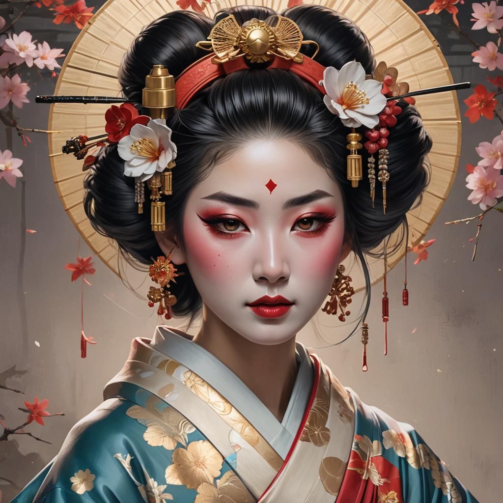 Geisha Portrait with Traditional Attire and Intricate Makeup