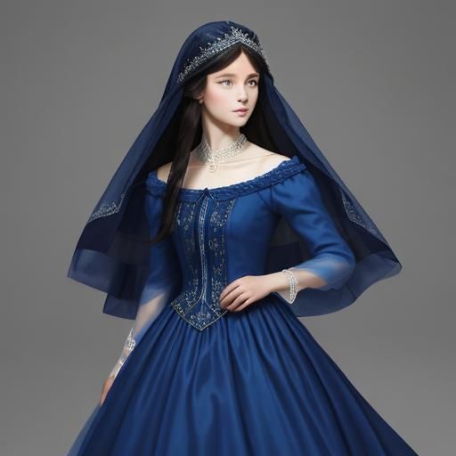 Maiden in Blue Veil Flowing in Breeze