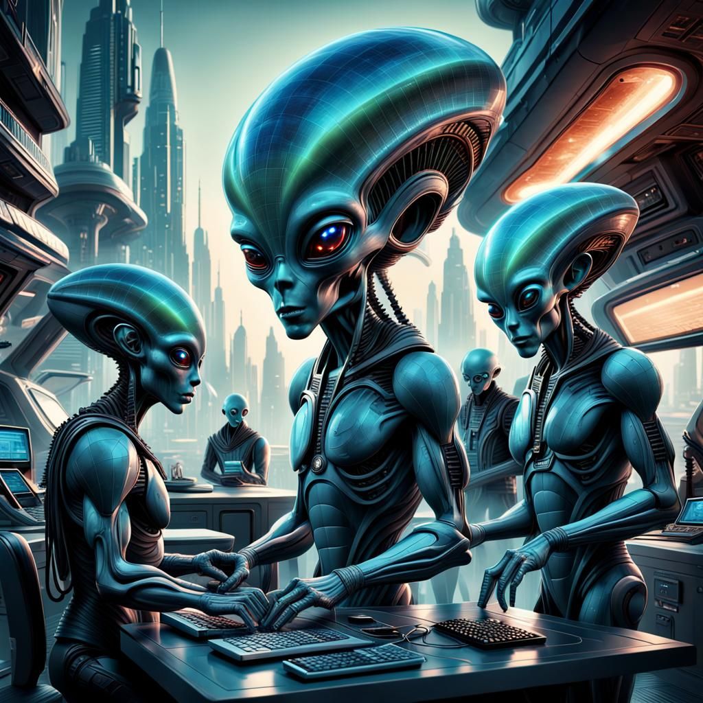 Futuristic Cityscape with Anthropomorphic Aliens